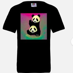 This is a black cotton kids shirt with a design of two pandas on the front